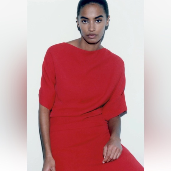 Zara Bright Red Midi Belted Side Zip Slit Short Sleeve Minimalist Slouch Dress - Picture 14 of 17